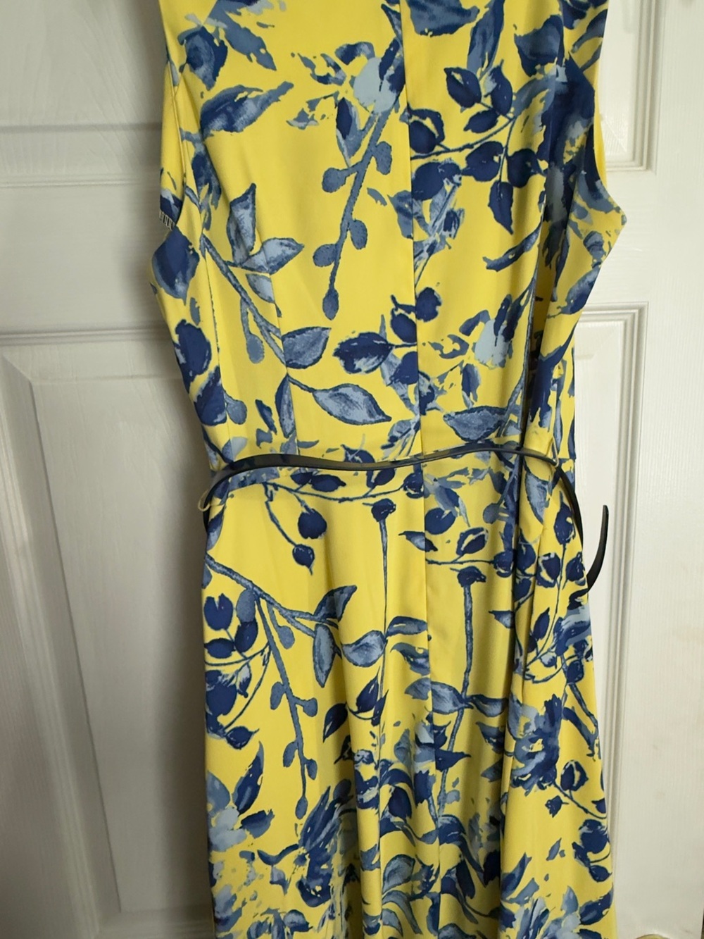 Signature Yellow Dress with Blue Floral Pattern and Belt